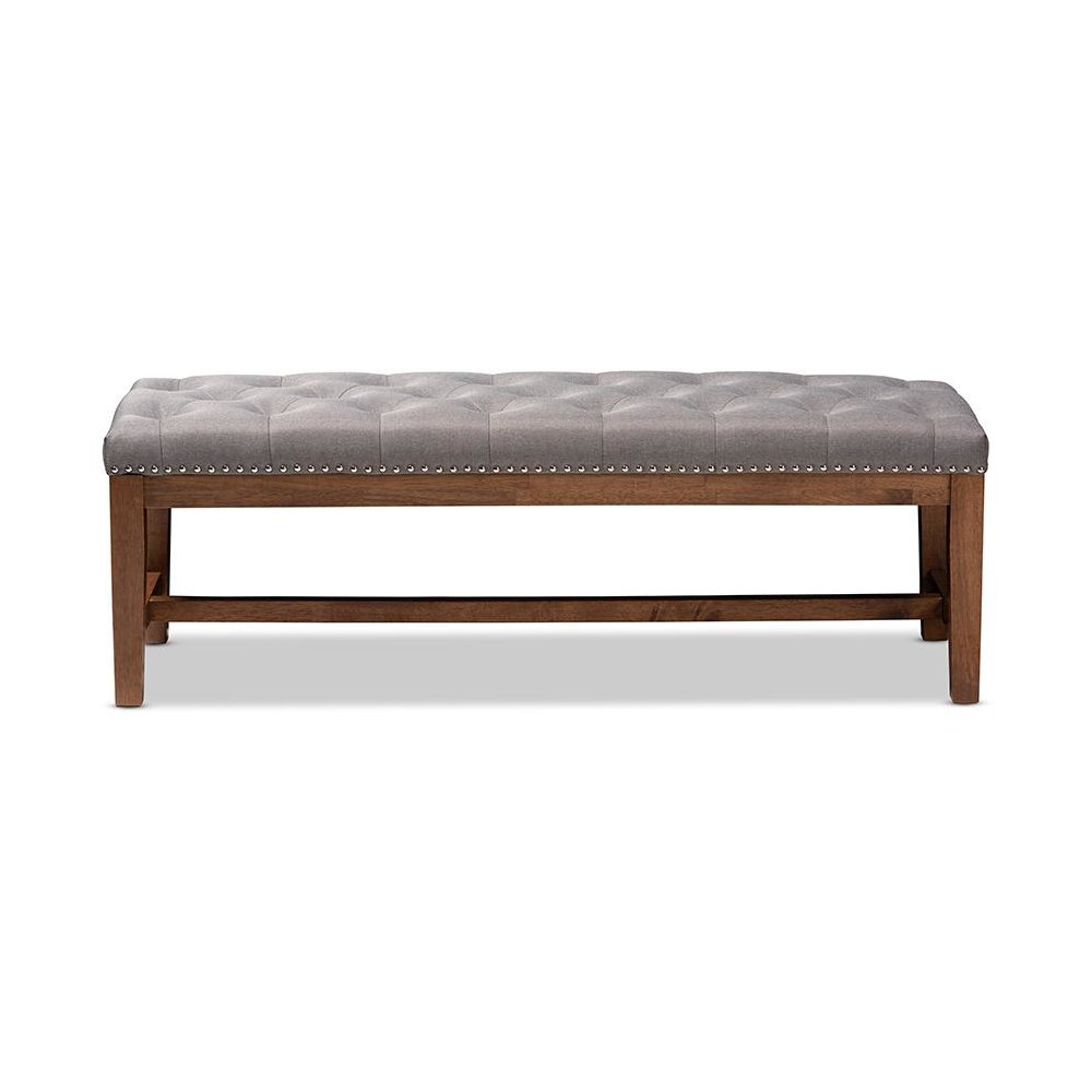 Grey Fabric Upholstered Walnut Finished Solid Rubberwood Bench. Picture 2