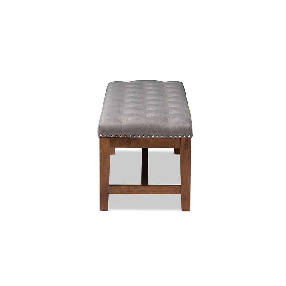 Grey Fabric Upholstered Walnut Finished Solid Rubberwood Bench. Picture 3