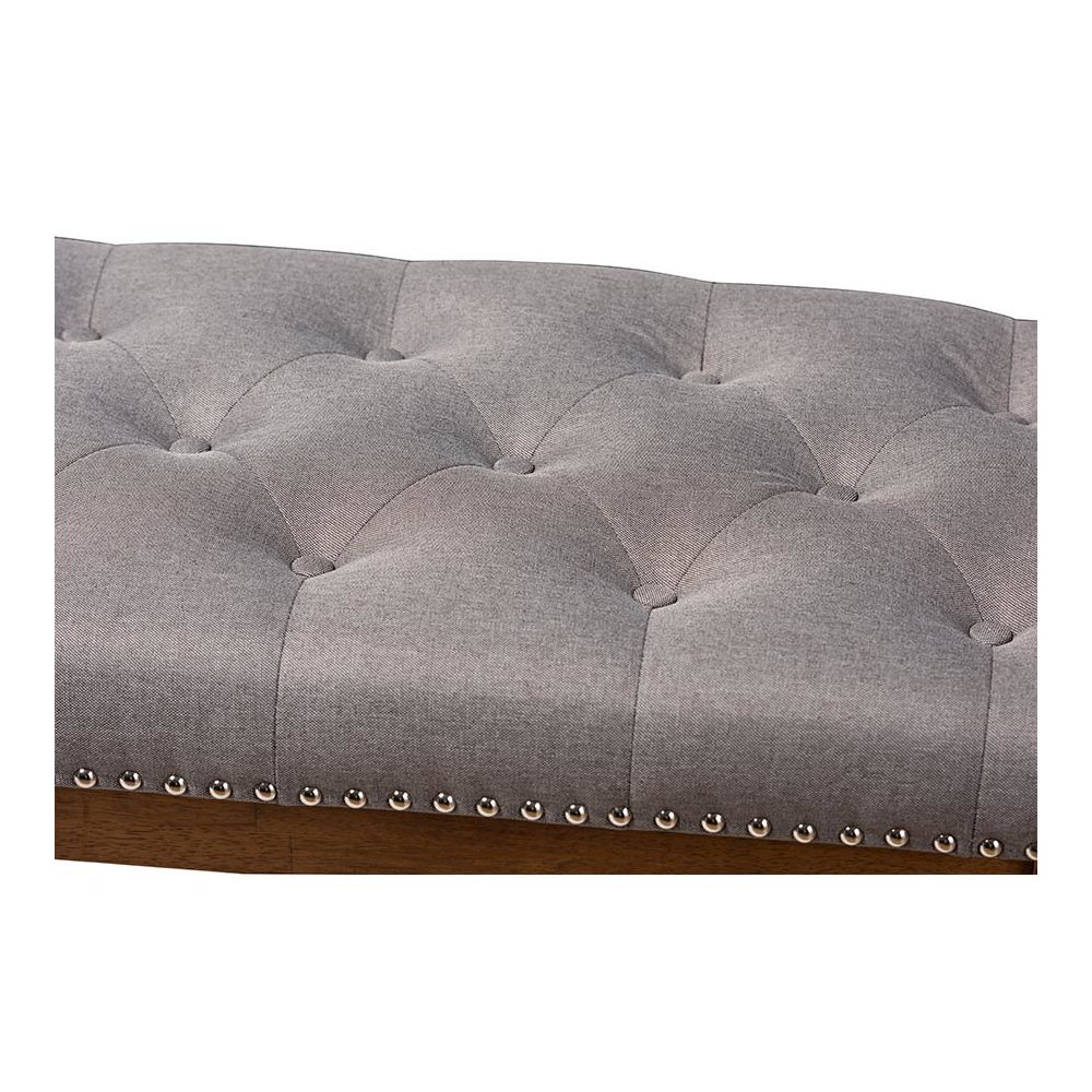 Grey Fabric Upholstered Walnut Finished Solid Rubberwood Bench. Picture 4