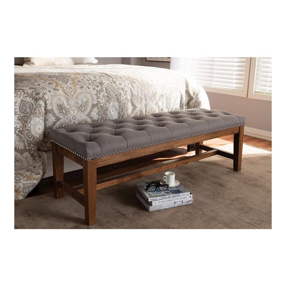 Grey Fabric Upholstered Walnut Finished Solid Rubberwood Bench. Picture 6