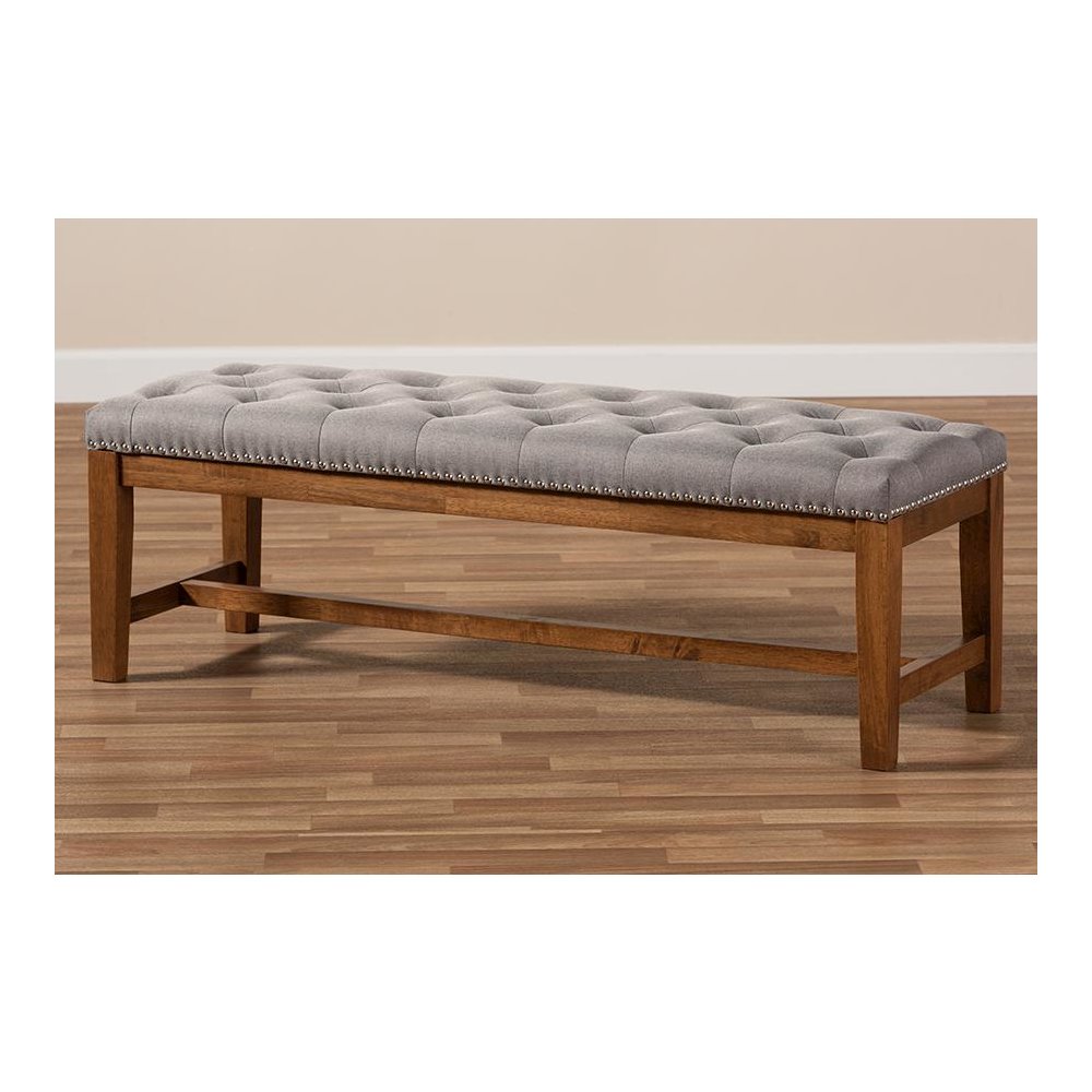 Grey Fabric Upholstered Walnut Finished Solid Rubberwood Bench. Picture 7