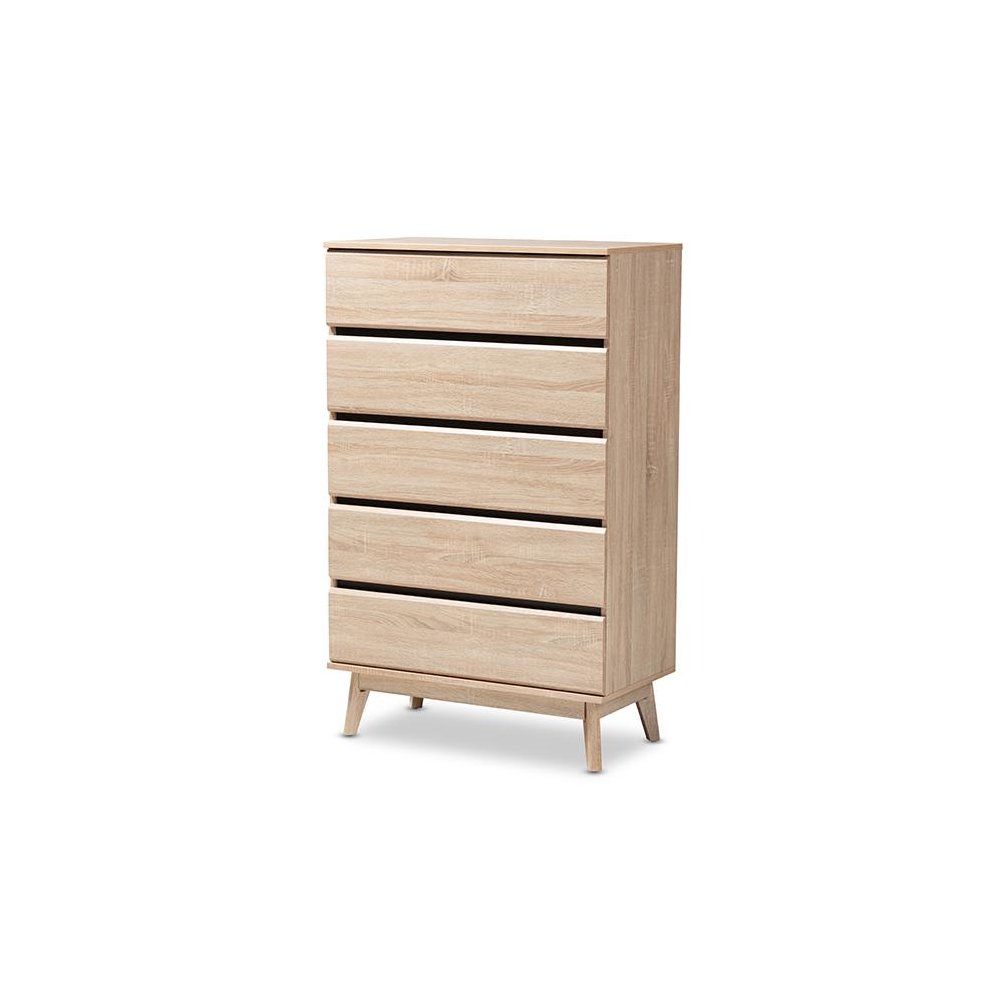 Baxton Studio Miren Mid-Century Modern Light Oak and Dark Grey 5-Drawer Chest. Picture 1