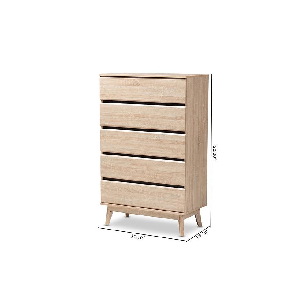 Baxton Studio Miren Mid-Century Modern Light Oak and Dark Grey 5-Drawer Chest. Picture 10