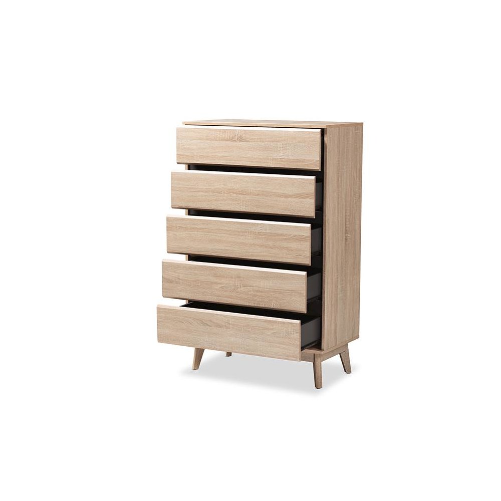Baxton Studio Miren Mid-Century Modern Light Oak and Dark Grey 5-Drawer Chest. Picture 2