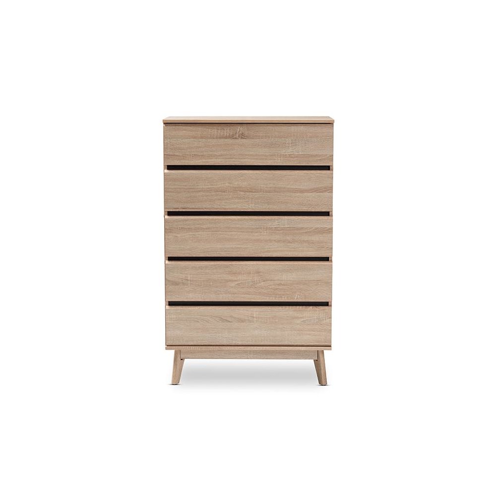 Baxton Studio Miren Mid-Century Modern Light Oak and Dark Grey 5-Drawer Chest. Picture 3