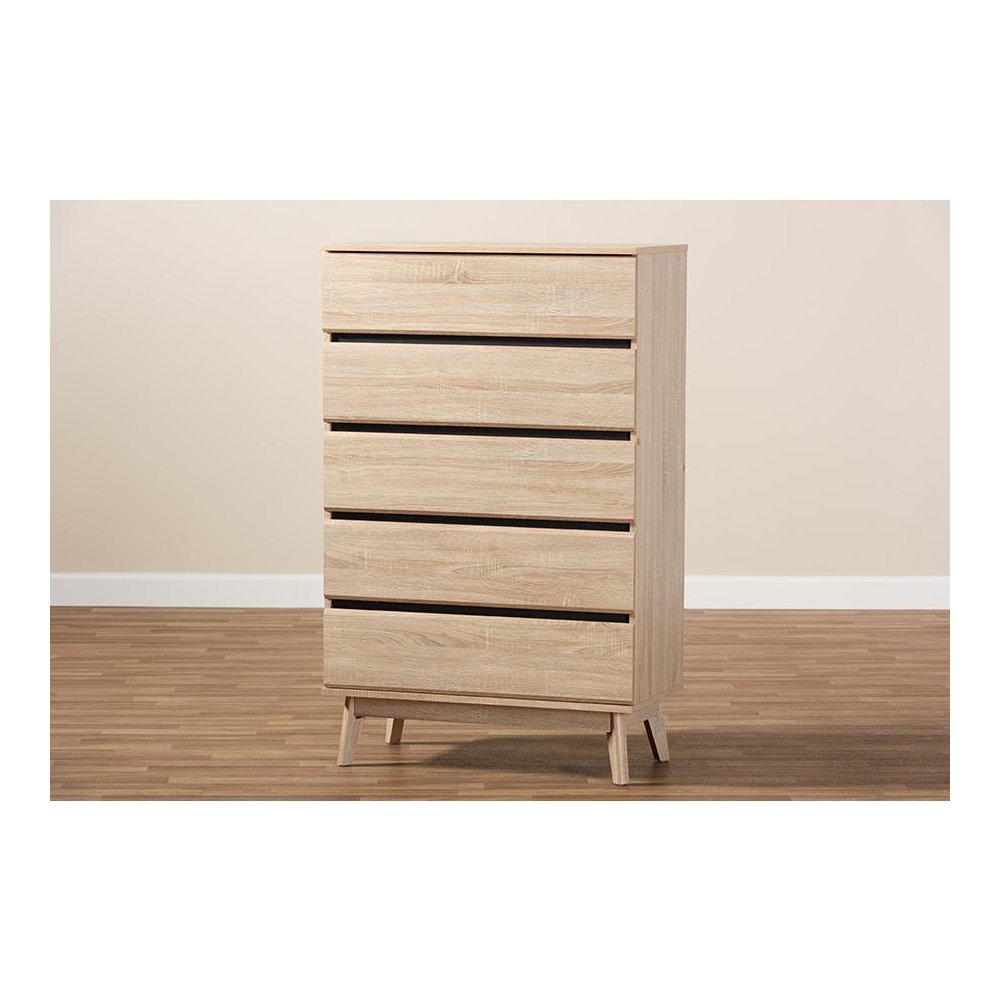 Baxton Studio Miren Mid-Century Modern Light Oak and Dark Grey 5-Drawer Chest. Picture 9