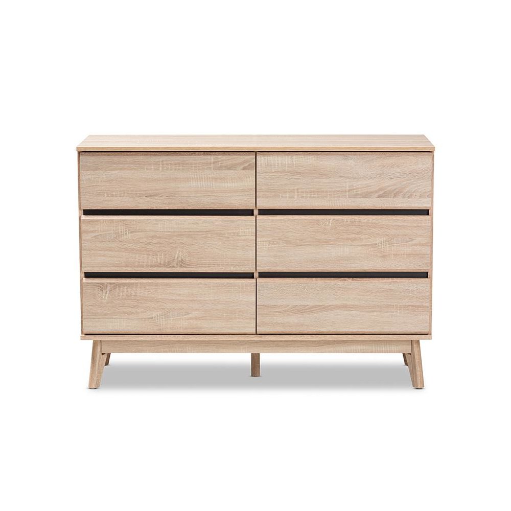 Baxton Studio Miren Mid-Century Modern Light Oak and Dark Grey 6-Drawer Dresser. Picture 3