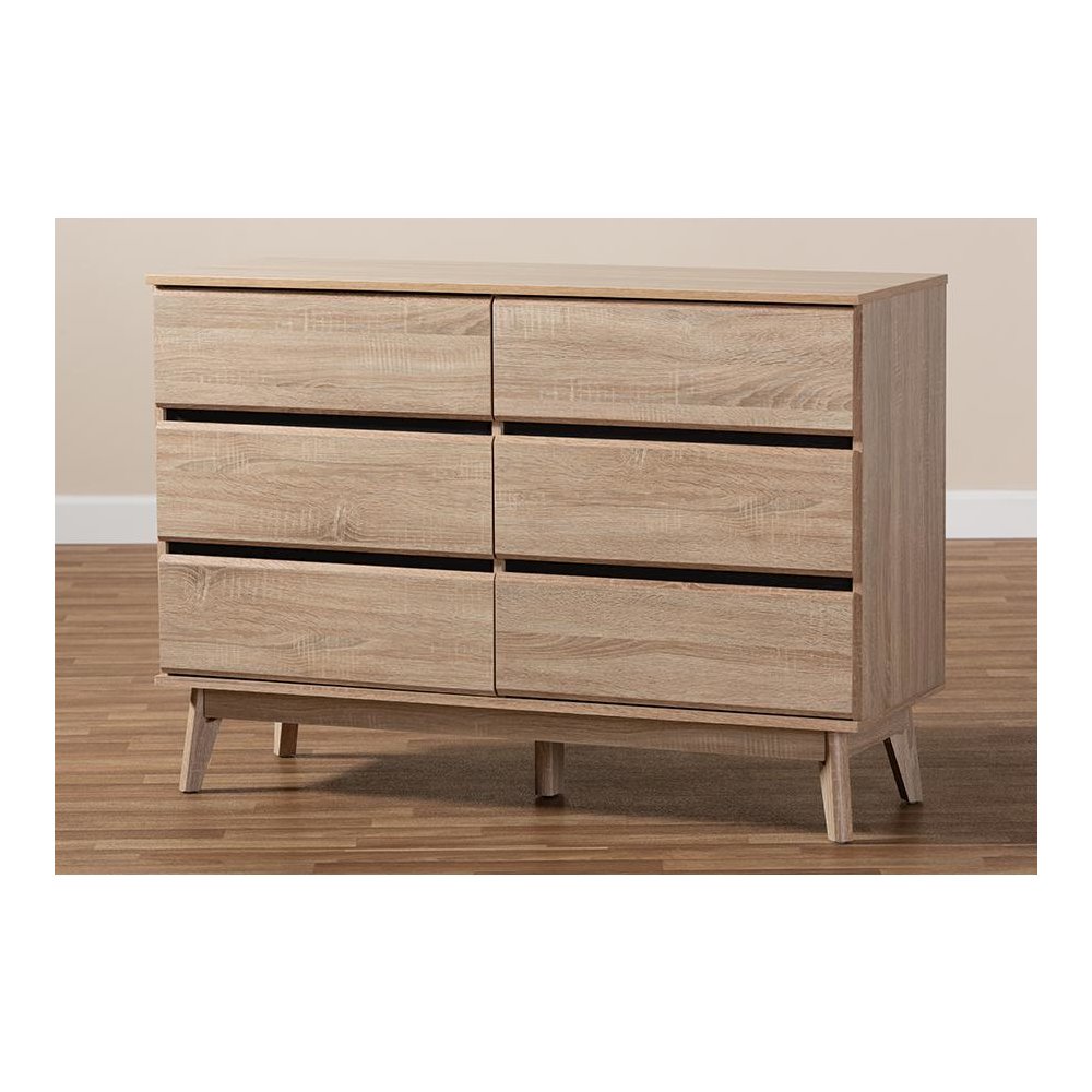 Baxton Studio Miren Mid-Century Modern Light Oak and Dark Grey 6-Drawer Dresser. Picture 9