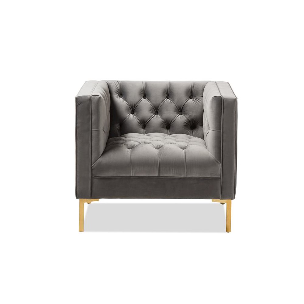 Zanetta Luxe and Glamour Grey Velvet Upholstered Gold Finished Lounge Chair. Picture 2