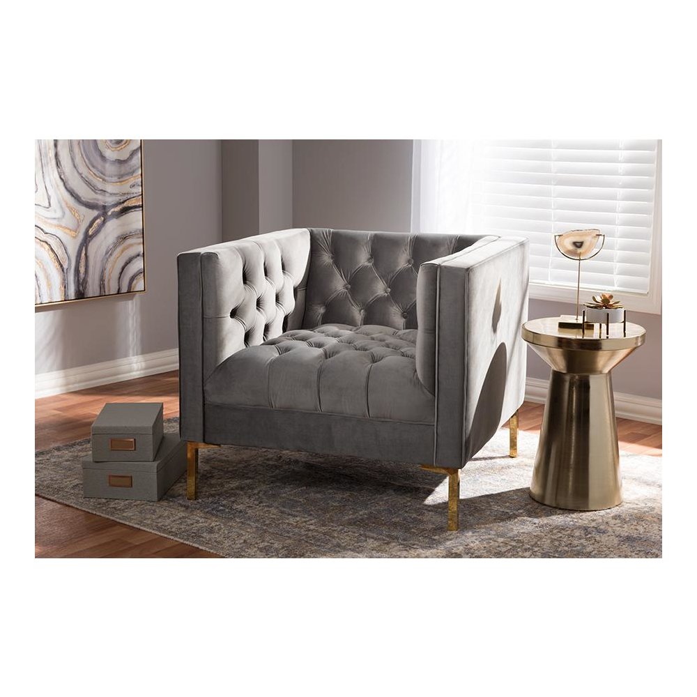 Zanetta Luxe and Glamour Grey Velvet Upholstered Gold Finished Lounge Chair. Picture 7
