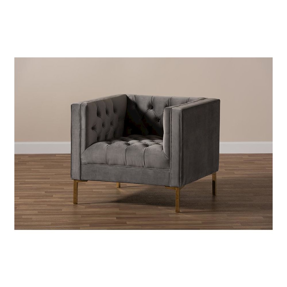 Zanetta Luxe and Glamour Grey Velvet Upholstered Gold Finished Lounge Chair. Picture 8