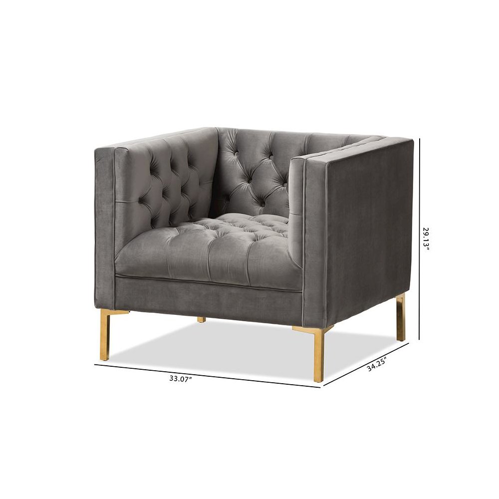 Zanetta Luxe and Glamour Grey Velvet Upholstered Gold Finished Lounge Chair. Picture 9