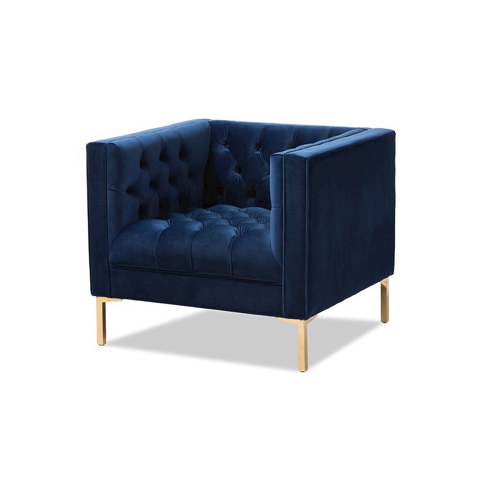 Zanetta Luxe and Glamour Navy Velvet Upholstered Gold Finished Lounge Chair. Picture 1