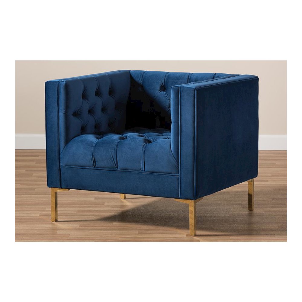 Zanetta Luxe and Glamour Navy Velvet Upholstered Gold Finished Lounge Chair. Picture 7