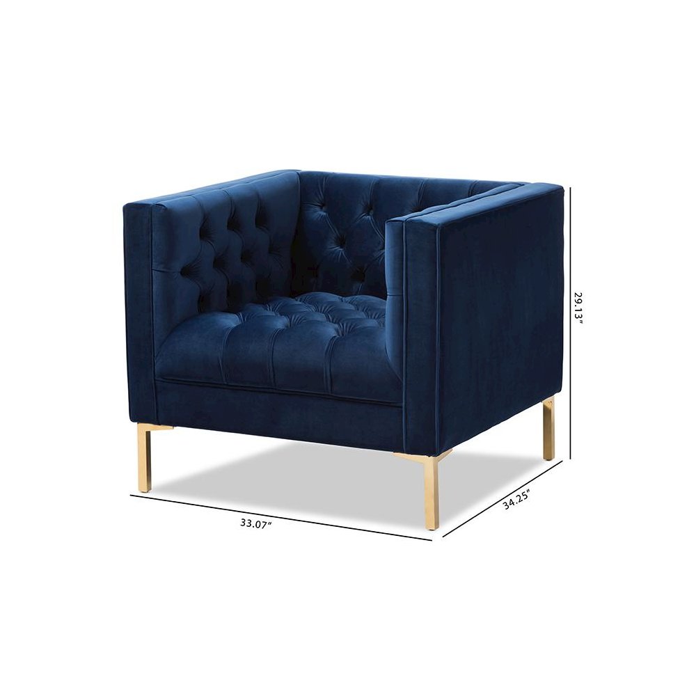 Zanetta Luxe and Glamour Navy Velvet Upholstered Gold Finished Lounge Chair. Picture 8