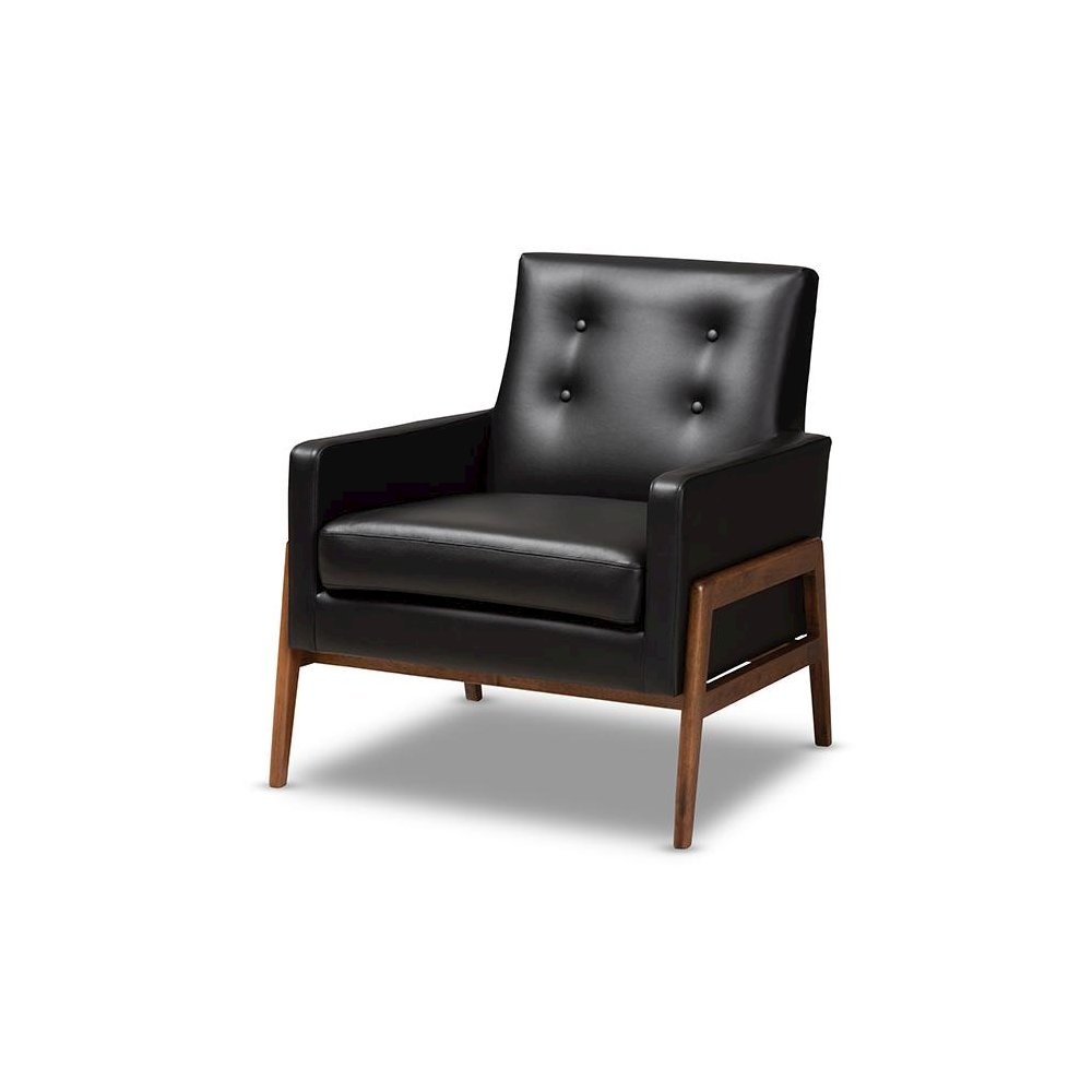 Leather Upholstered Walnut Wood Lounge Chair. Picture 1
