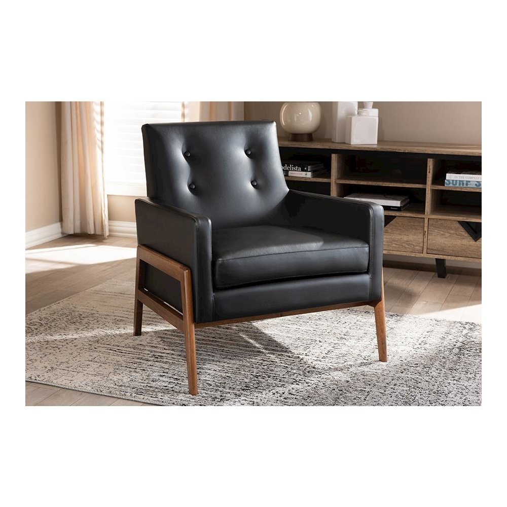 Leather Upholstered Walnut Wood Lounge Chair. Picture 7