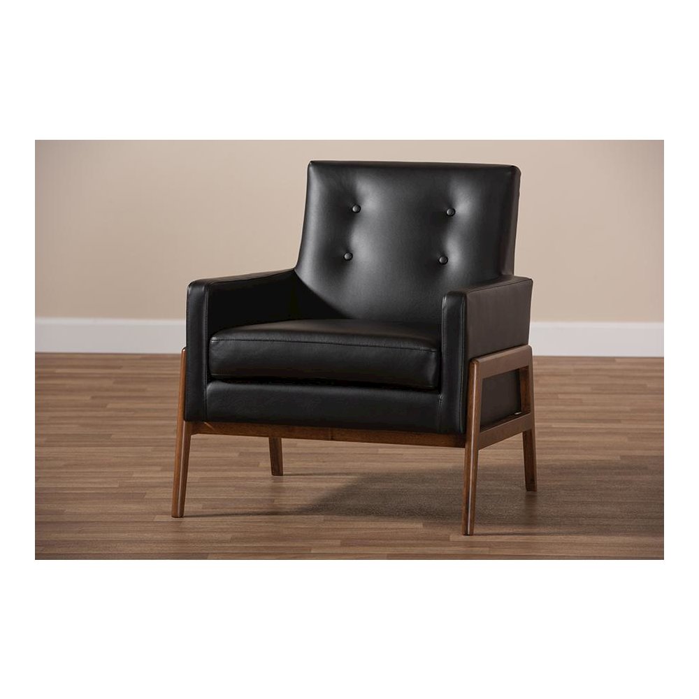 Leather Upholstered Walnut Wood Lounge Chair. Picture 8
