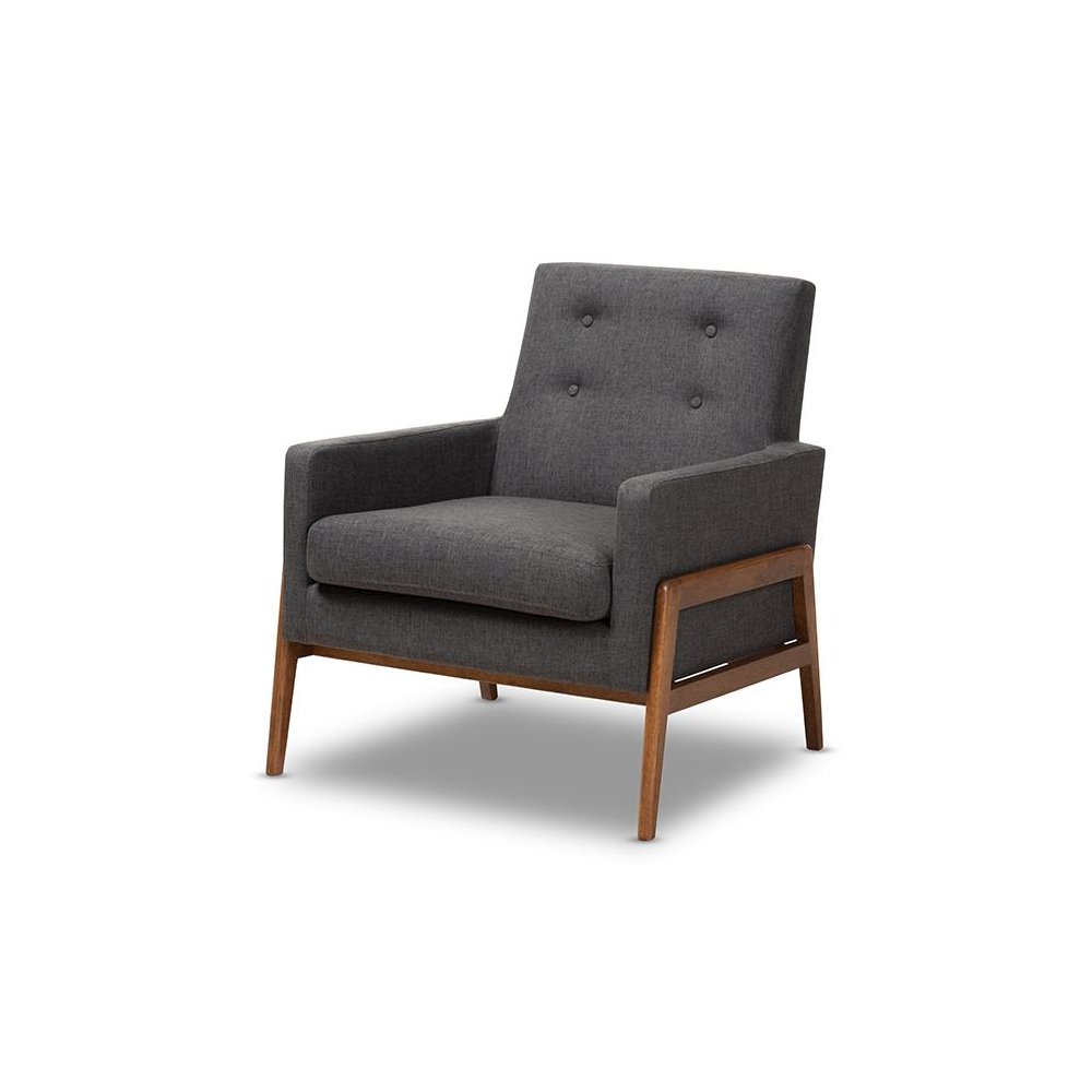 Perris Mid-Century Modern Dark Grey Fabric Upholstered Walnut Wood Lounge Chair. Picture 1