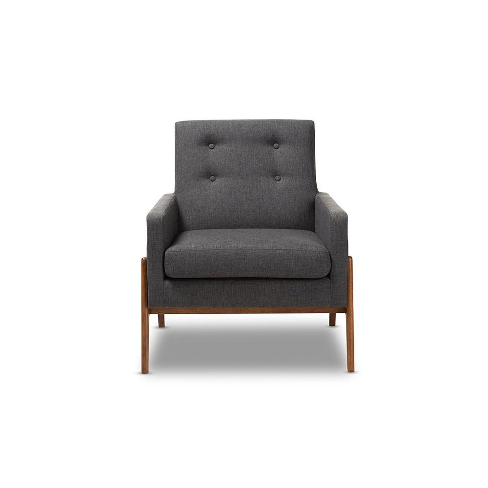 Perris Mid-Century Modern Dark Grey Fabric Upholstered Walnut Wood Lounge Chair. Picture 2