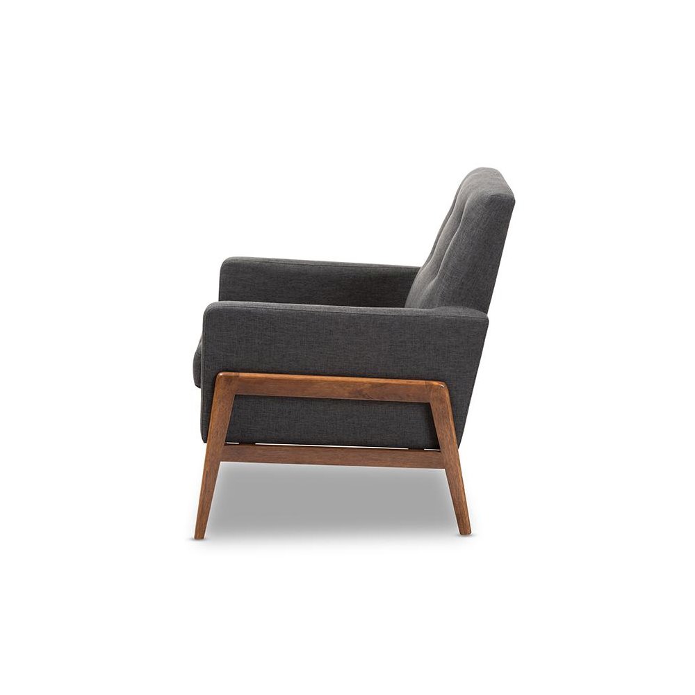 Perris Mid-Century Modern Dark Grey Fabric Upholstered Walnut Wood Lounge Chair. Picture 3