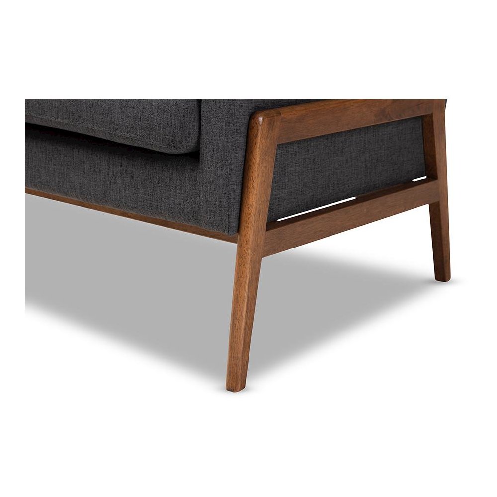 Perris Mid-Century Modern Dark Grey Fabric Upholstered Walnut Wood Lounge Chair. Picture 6