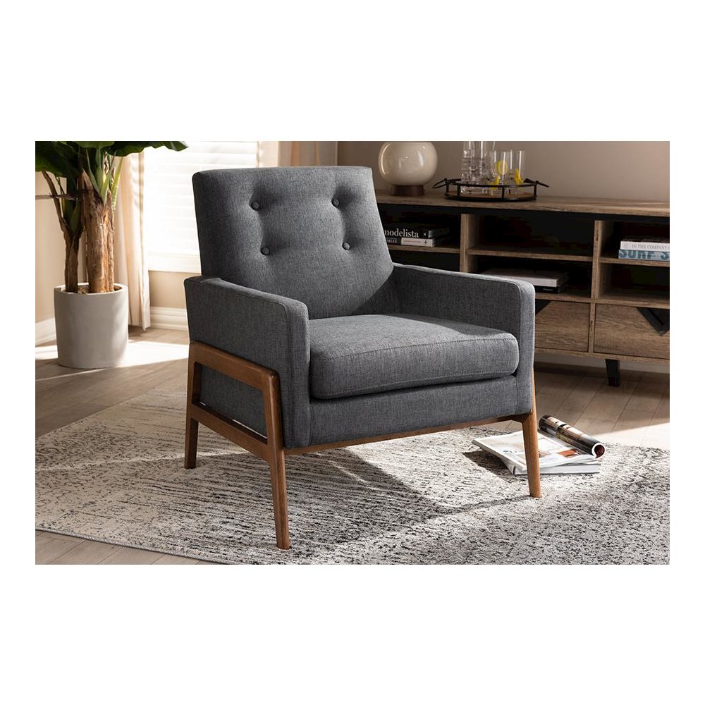 Perris Mid-Century Modern Dark Grey Fabric Upholstered Walnut Wood Lounge Chair. Picture 7