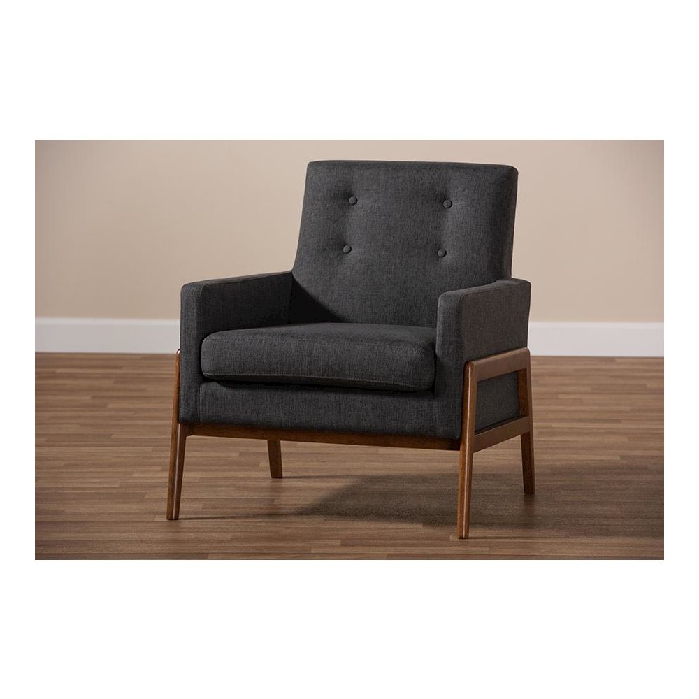 Perris Mid-Century Modern Dark Grey Fabric Upholstered Walnut Wood Lounge Chair. Picture 8