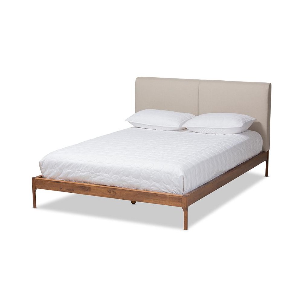 Beige Fabric Upholstered Walnut Finished Full Size Platform Bed. Picture 1