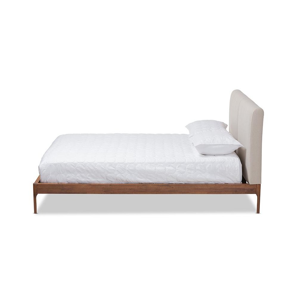 Beige Fabric Upholstered Walnut Finished Full Size Platform Bed. Picture 2
