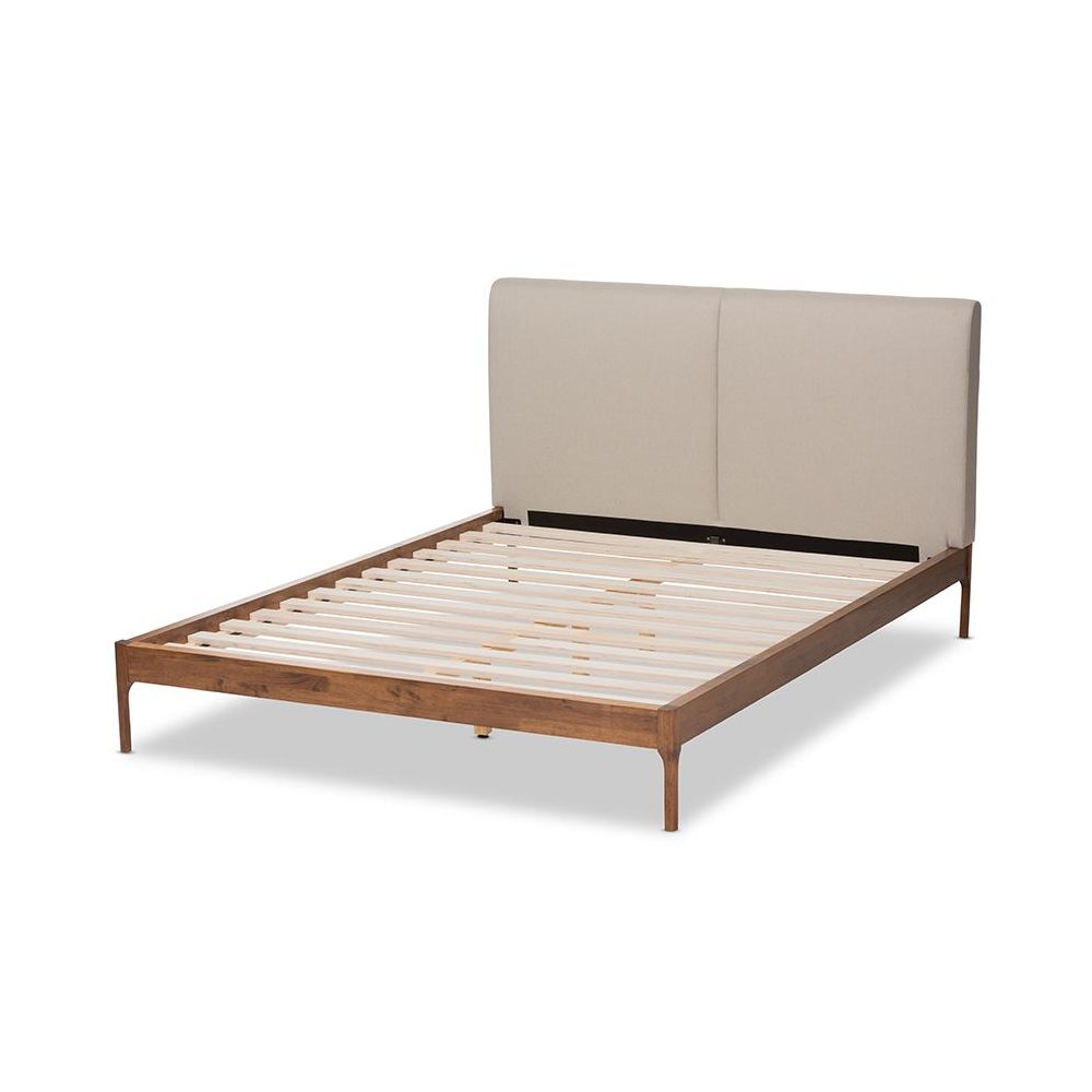 Beige Fabric Upholstered Walnut Finished Full Size Platform Bed. Picture 3