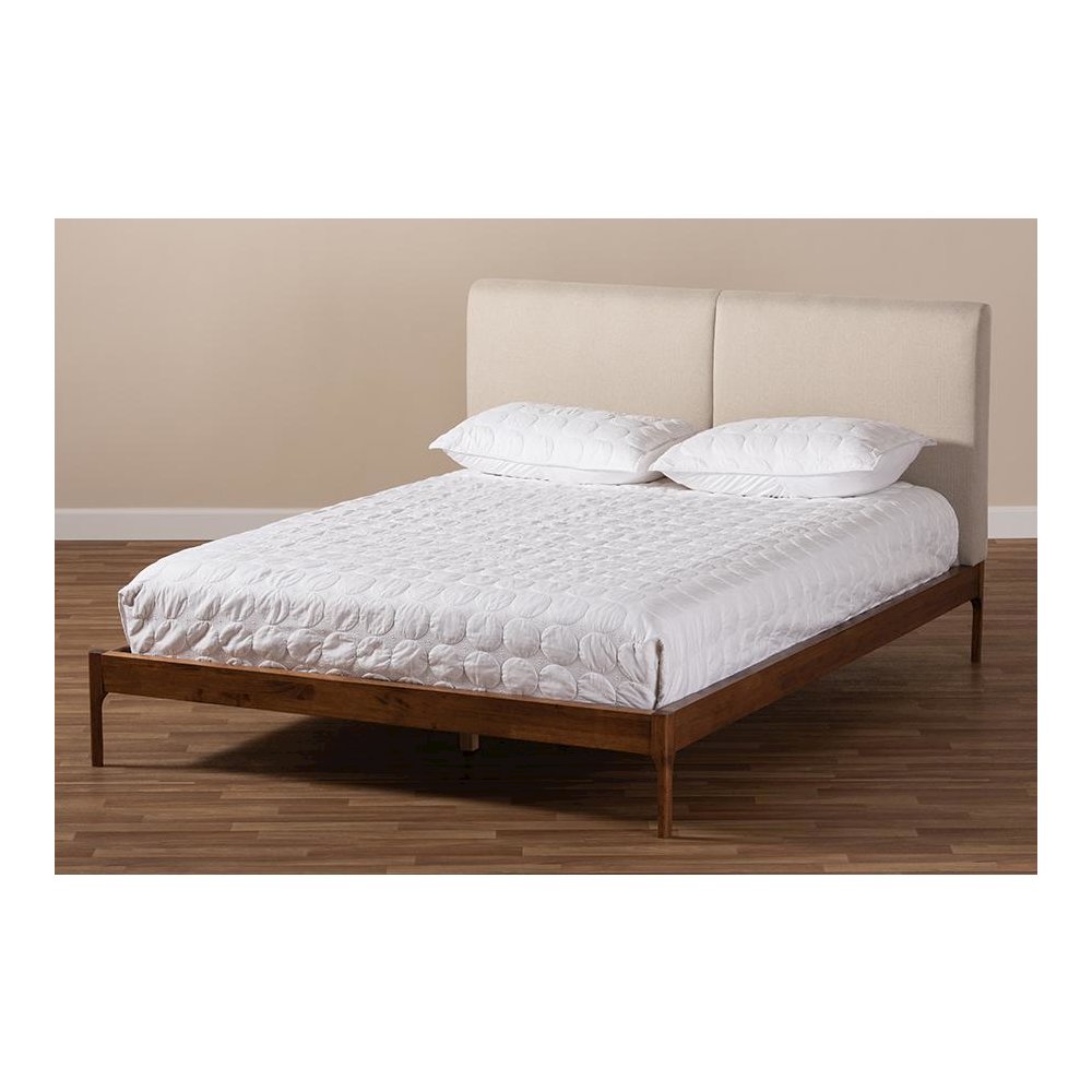 Beige Fabric Upholstered Walnut Finished Full Size Platform Bed. Picture 7