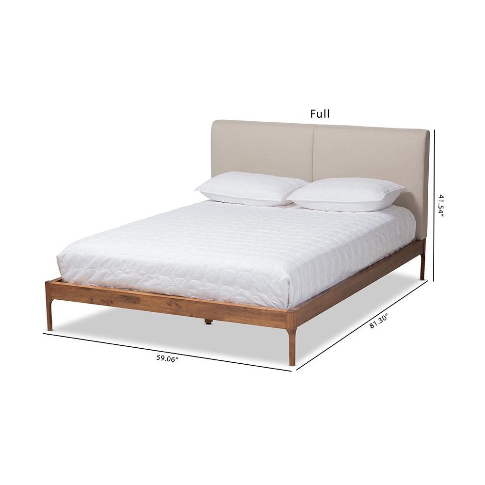 Beige Fabric Upholstered Walnut Finished Full Size Platform Bed. Picture 8