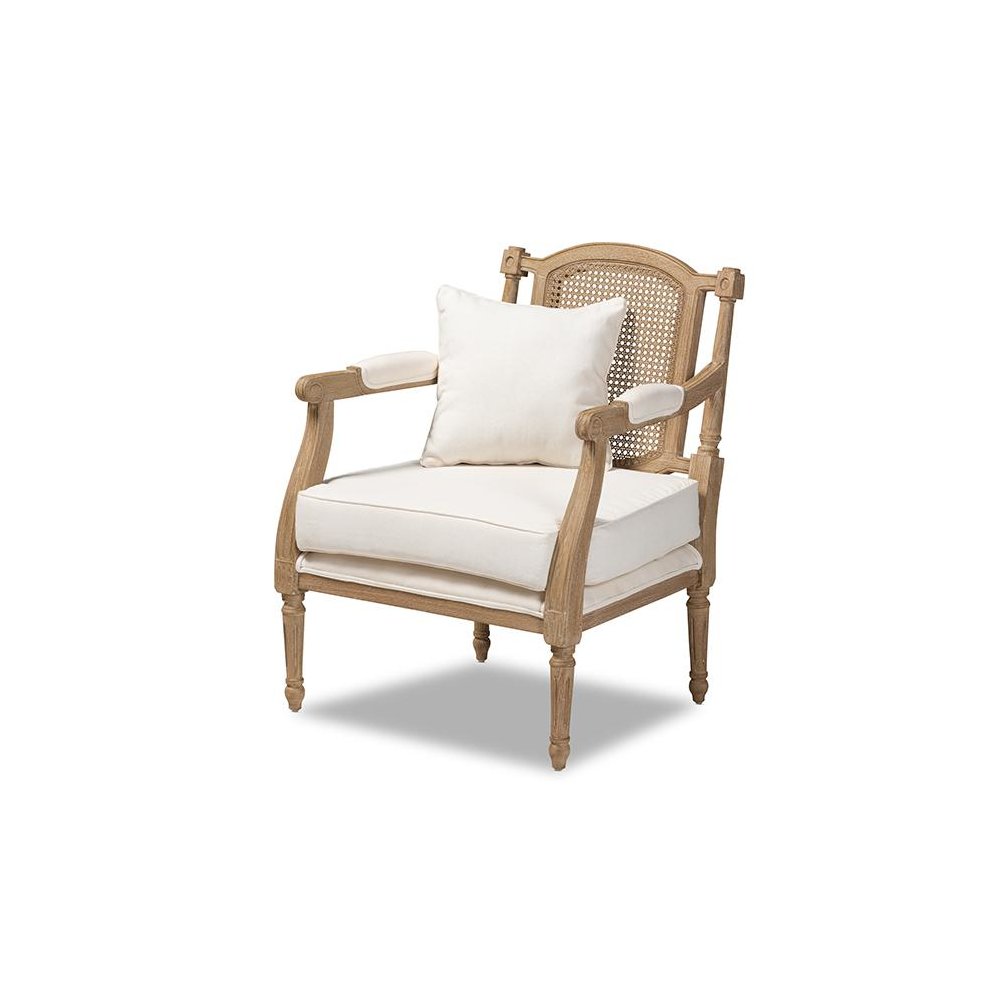 Clemence French Provincial Ivory Fabric Upholstered Whitewashed Wood Armchair. Picture 1