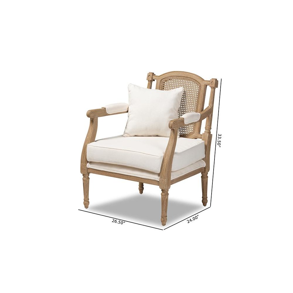 Clemence French Provincial Ivory Fabric Upholstered Whitewashed Wood Armchair. Picture 10