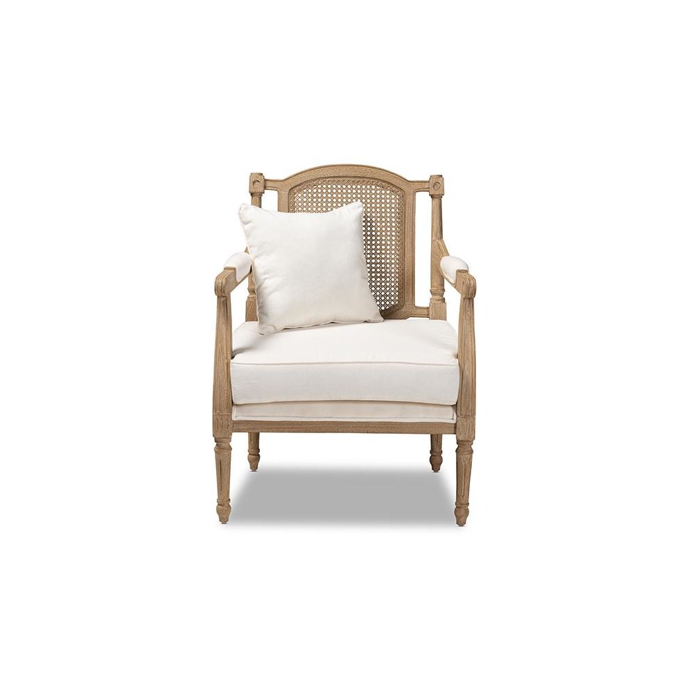 Clemence French Provincial Ivory Fabric Upholstered Whitewashed Wood Armchair. Picture 2