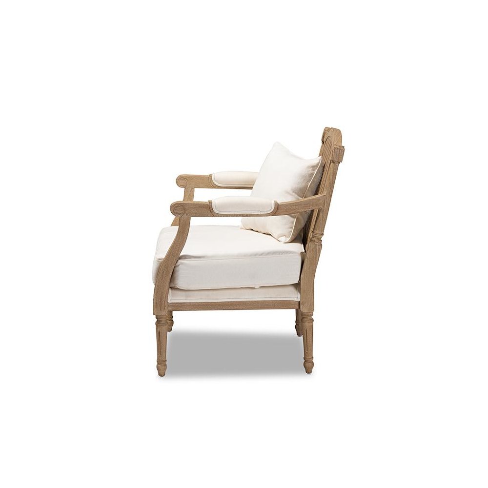 Clemence French Provincial Ivory Fabric Upholstered Whitewashed Wood Armchair. Picture 3