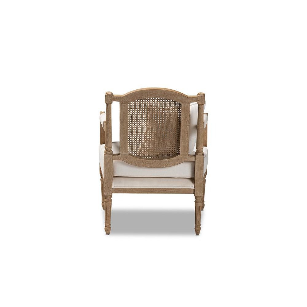 Clemence French Provincial Ivory Fabric Upholstered Whitewashed Wood Armchair. Picture 4