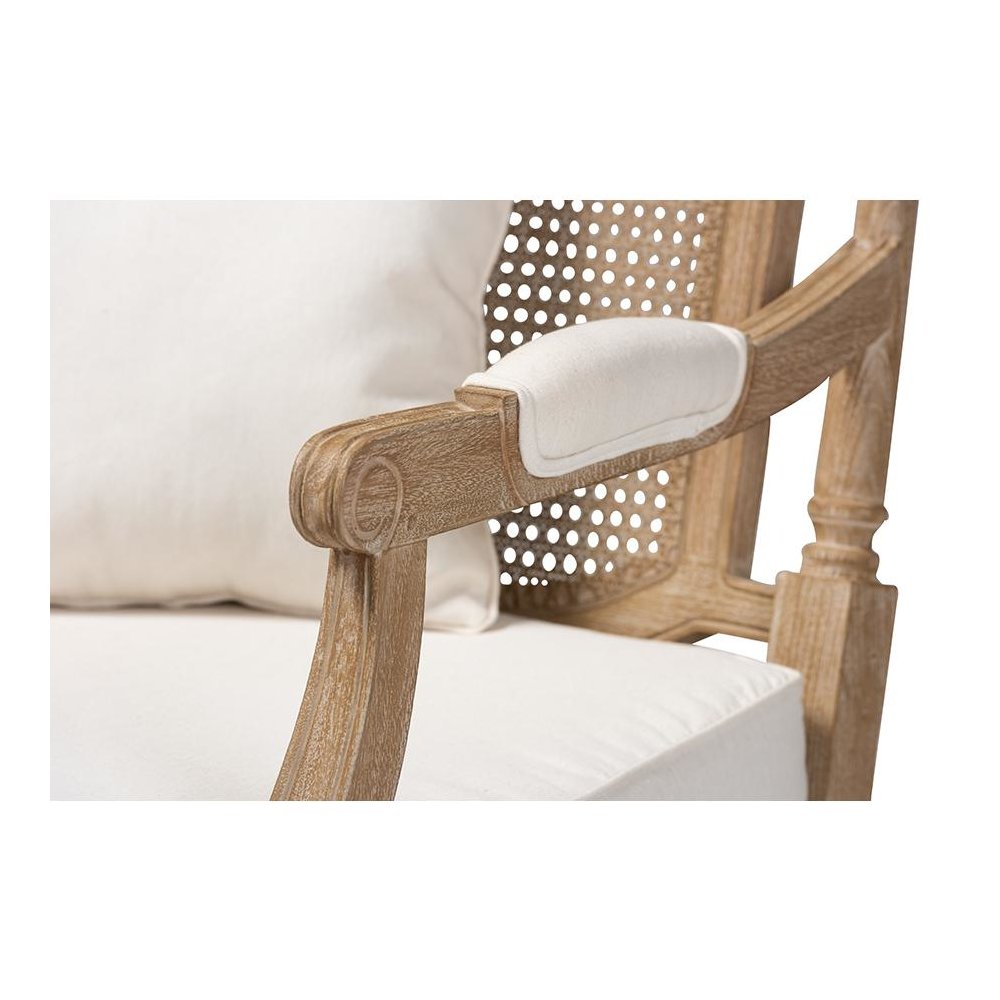 Clemence French Provincial Ivory Fabric Upholstered Whitewashed Wood Armchair. Picture 6