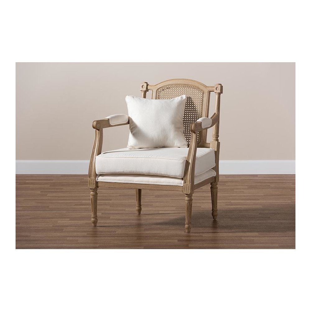 Clemence French Provincial Ivory Fabric Upholstered Whitewashed Wood Armchair. Picture 9