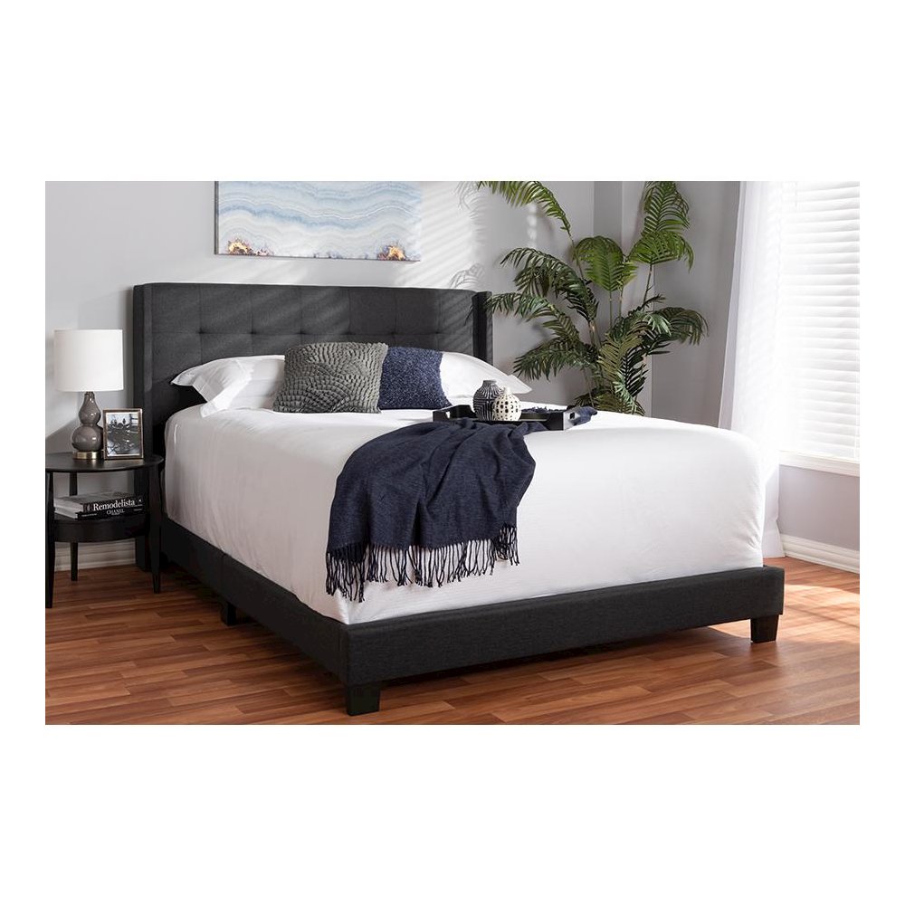 Lisette Modern and Contemporary Charcoal Grey Fabric Upholstered Queen Size Bed. Picture 6