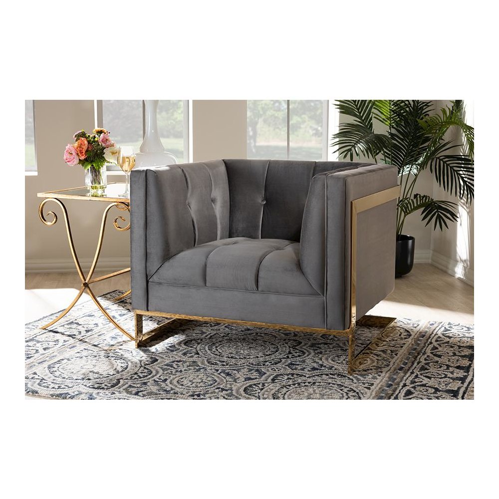 Button Tufted Armchair with Gold-Tone Frame. Picture 8