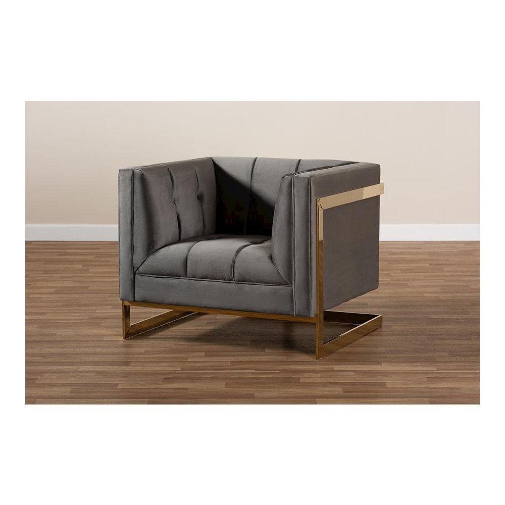 Button Tufted Armchair with Gold-Tone Frame. Picture 9