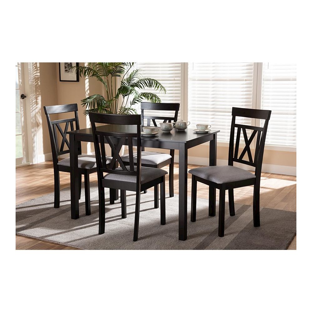 Espresso Brown Finished and Grey Fabric Upholstered 5-Piece Dining Set. Picture 2