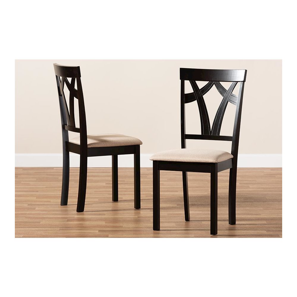 Sand Fabric Upholstered and Espresso Brown Finished Dining Chair Set of 2. Picture 6
