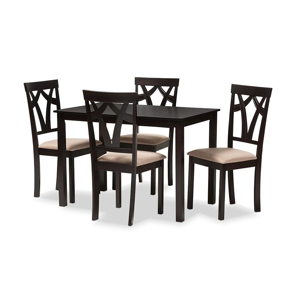 Espresso Brown Finished and Sand Fabric Upholstered 5-Piece Dining Set. Picture 1