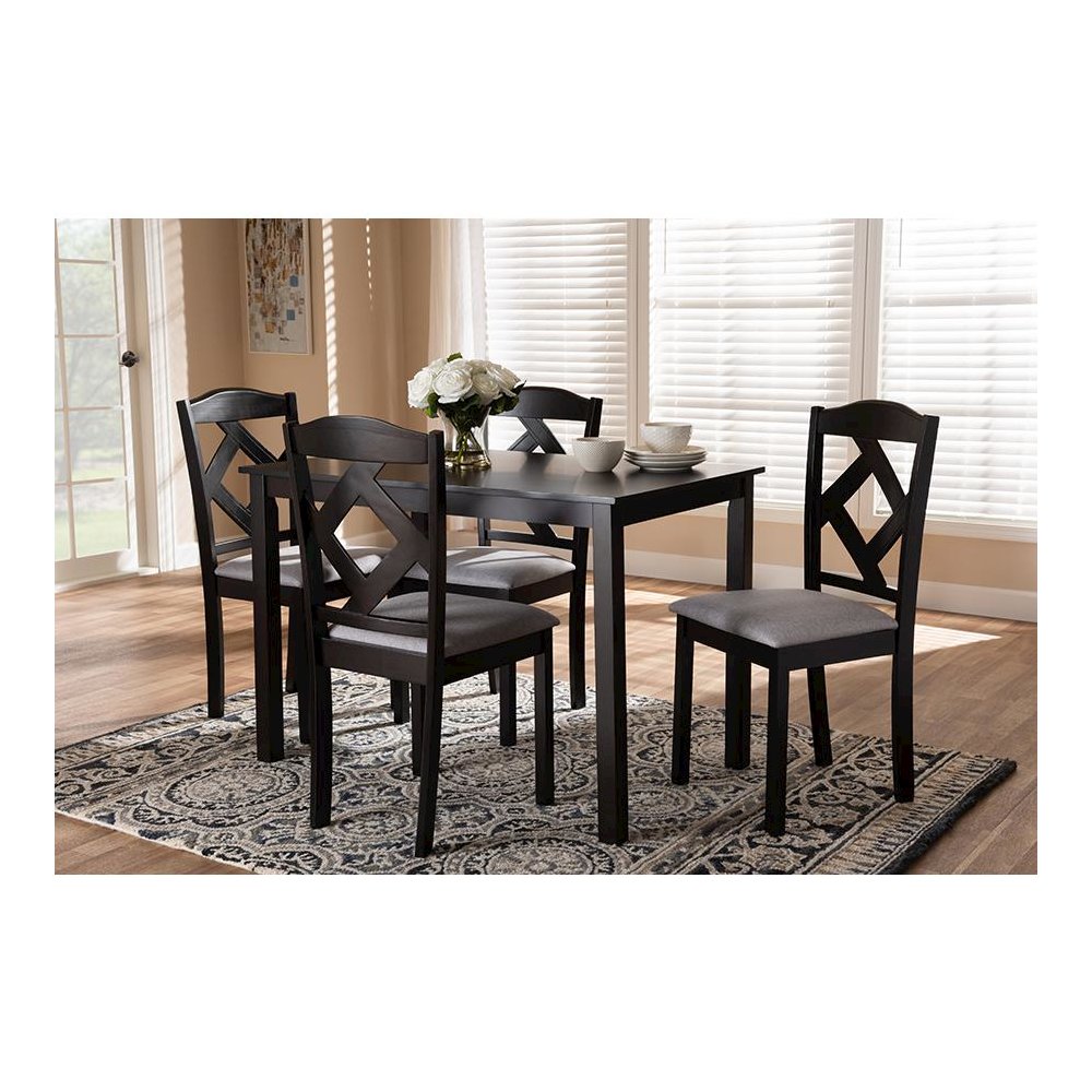 Espresso Brown Finished and Grey Fabric Upholstered 5-Piece Dining Set. Picture 2