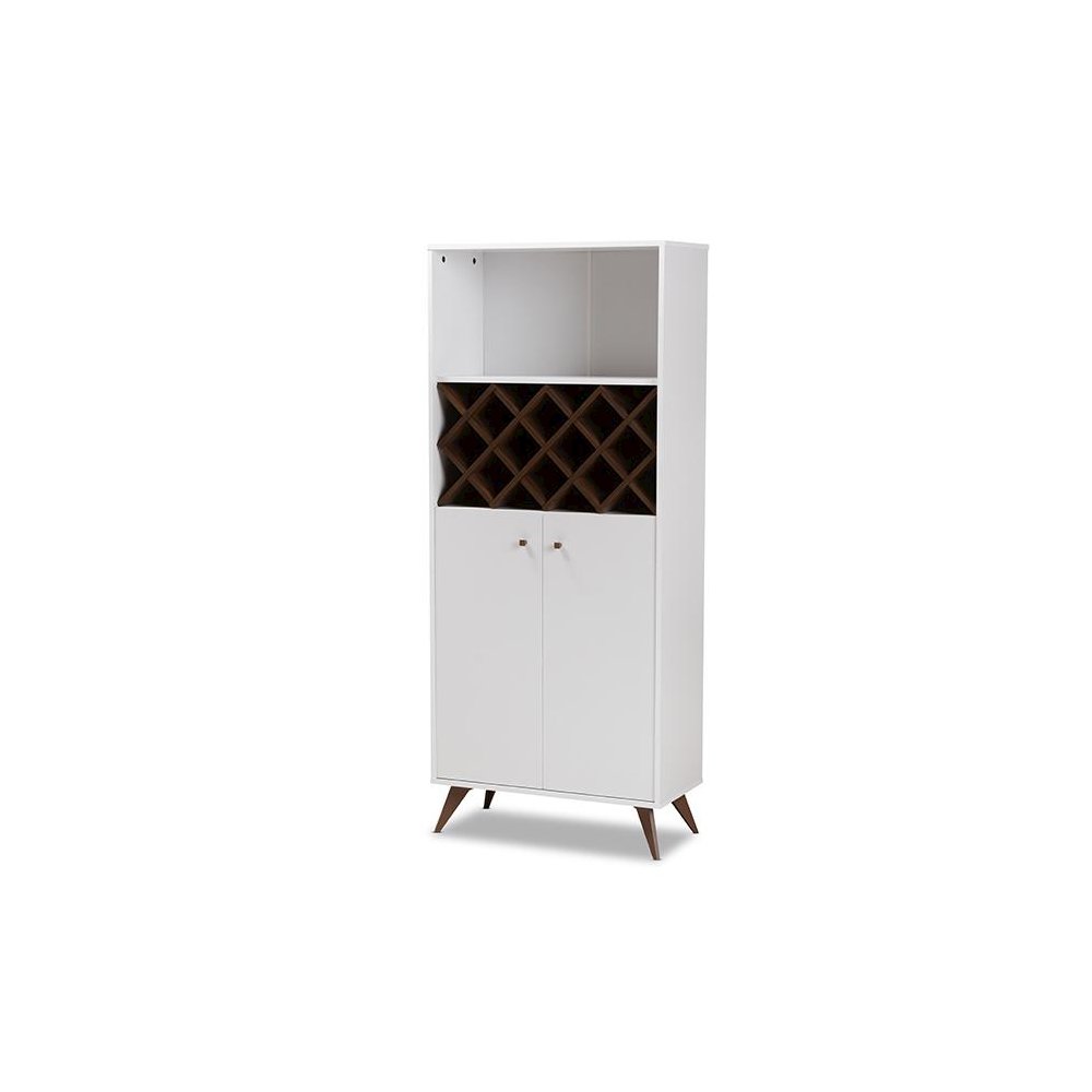 Serafino Mid-Century Modern White and Walnut Finished Wood Wine Cabinet. Picture 1