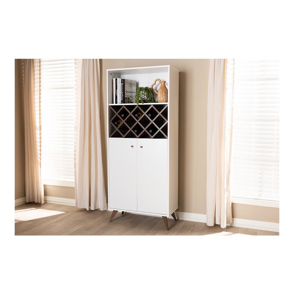 Serafino Mid-Century Modern White and Walnut Finished Wood Wine Cabinet. Picture 7