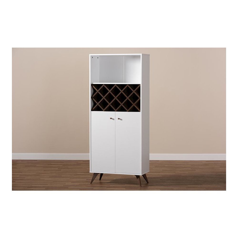 Serafino Mid-Century Modern White and Walnut Finished Wood Wine Cabinet. Picture 8